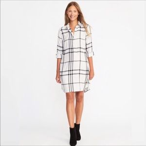 White Plaid Button Down Shirt Dress